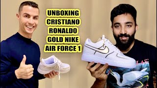 UNBOXING CRISTIANO RONALDO'S GOLD NIKE AIR FORCE ONE .ONLY ONE IN WORLD ! (2021)+ ON FEET REVIEW