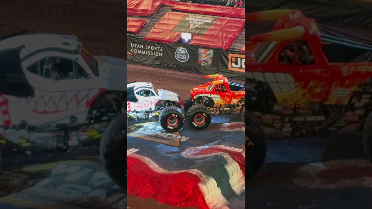 Dalmatian mutt and El Toro Loco 25th anniversary at Monsterjam SLC Utahs Delta Center facing off.