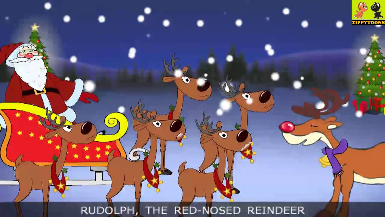 Rudolph the red nosed reindeer pulling sleigh