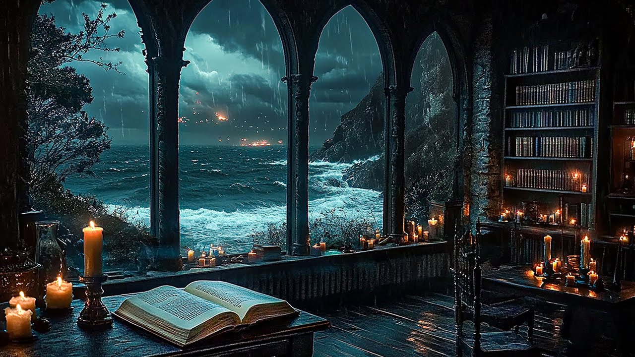 Seaside Library Reading ✍️ Dark Academia Piano & Stormy Waves for Reflective Writing Nights