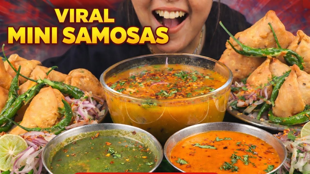 COOKING & EATING VIRAL MINI SAMOSA CHALLENGE | MINI ALOO MATAR SAMOSA WITH SPICY CHUTNEY & GHUGNI