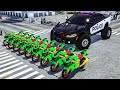 Polica y motocicletas con camin monstruo y coche de polica delincuentes en motocicletas rpidas