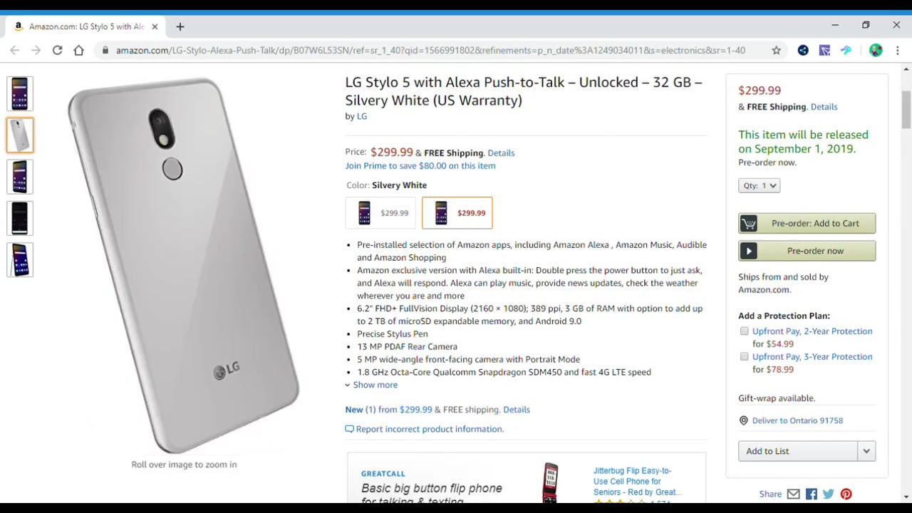 Coming 9/1/19: LG Stylo 5 with Alexa Push-to-Talk – Unlocked – 32 GB – Silvery White (US Warranty)