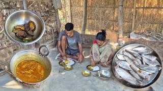 SMALL FISH Curry & BRINJAL VAJI Recipe Cooking And Eating By Mother And Son 