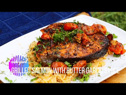 How to cook Grilled Salmon with Butter garlic Sauce over a wood fired / outside cooking / 장작 연어