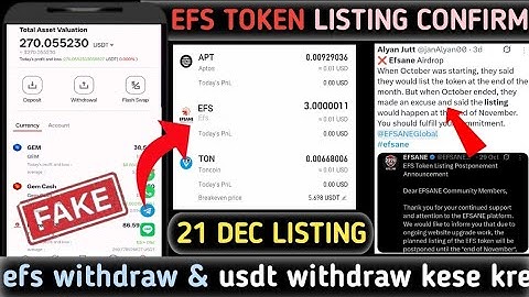 Efsane airdrop listing data conform 🤑 || EFS token real or fake 🤔 || usdt withdraw process 🥳