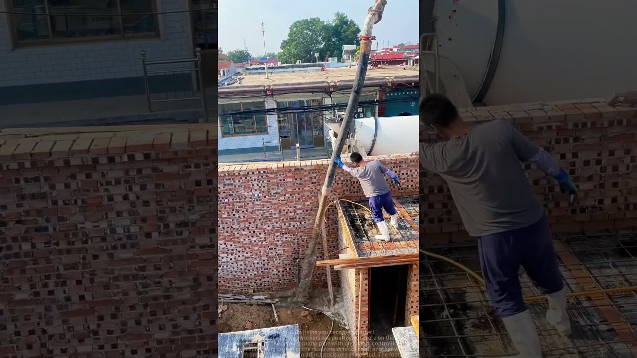 Roof Pouring Live Precise Cement Pump Operation Workers Ensure Quality At Height 