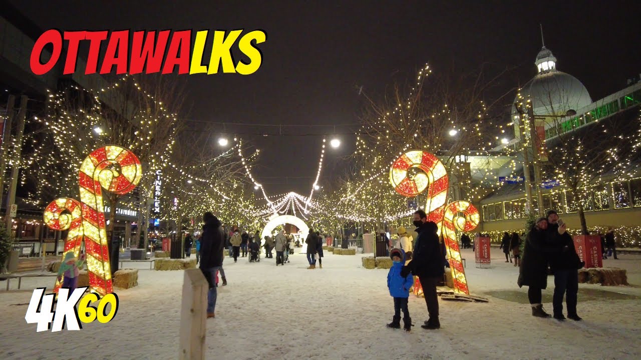 Light Snow Fall on a Busy Sunday Night at Lansdowne Christmas Market, Virtual Ottawa Walking