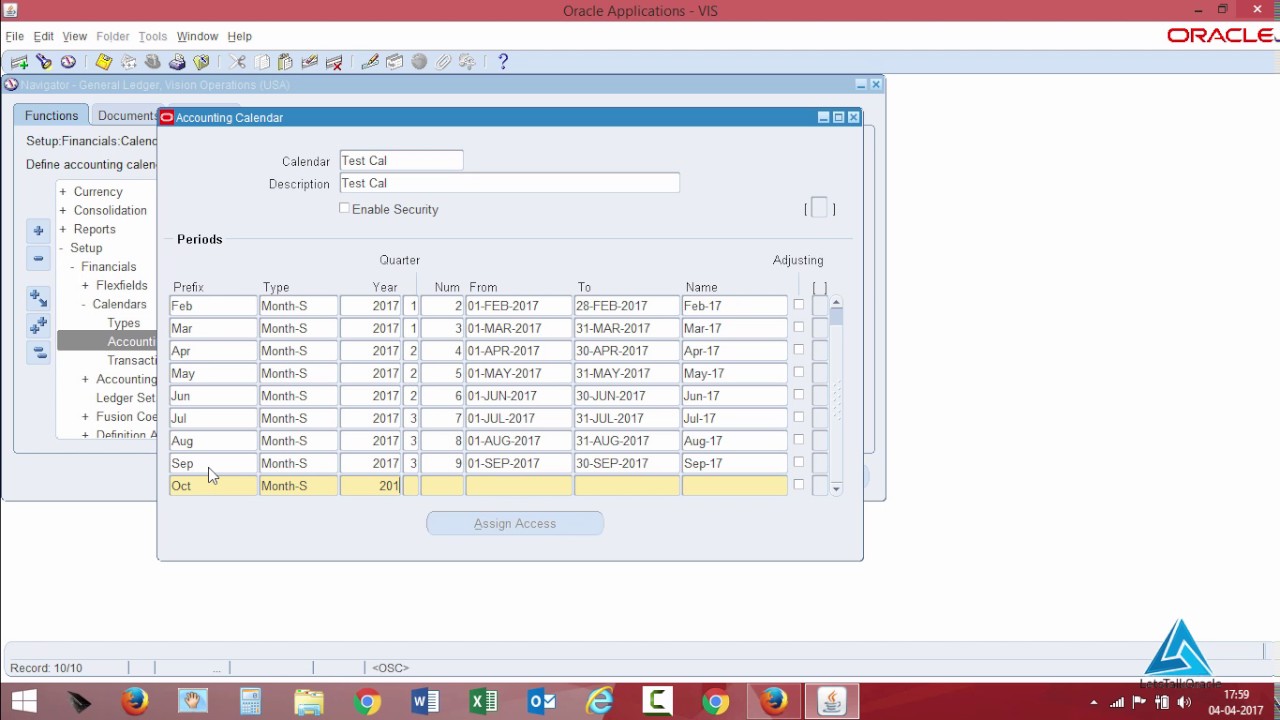 Creating an Accounting Calendar (Calendar Year Type) in Oracle General