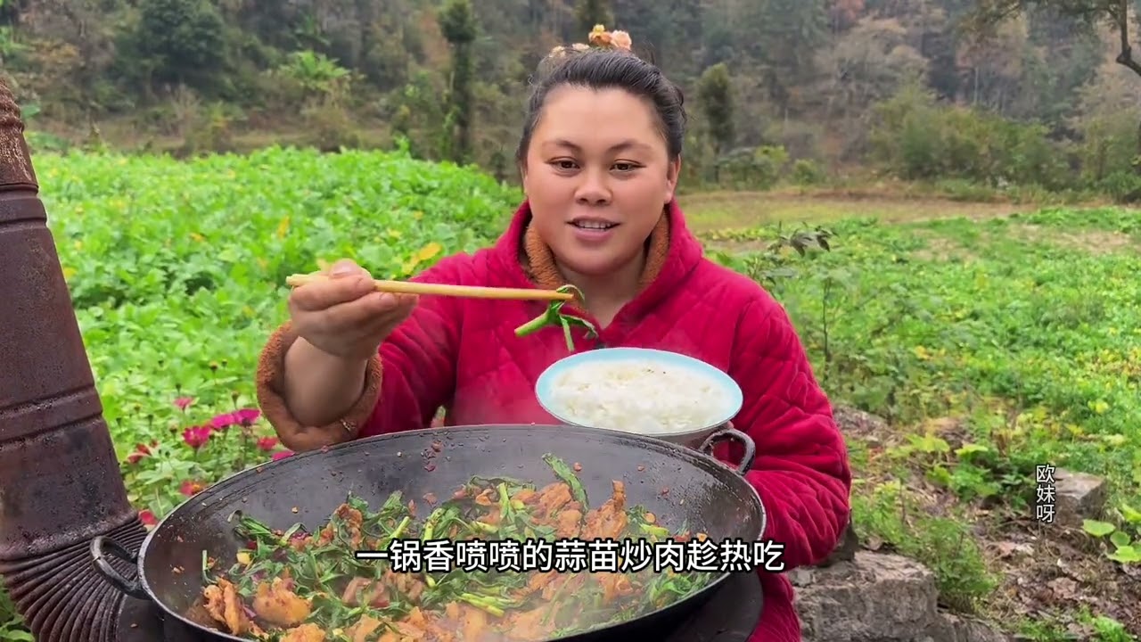 I picked some garlic sprouts today and made a big pot of stir-fried garlic sprouts with pork