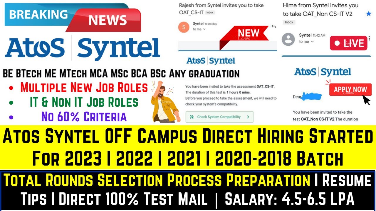 Atos Syntel OFF Campus Drive For 2023 I 2022-2018 Batch | Atos Syntel Mass Hiring | Direct Test Mail