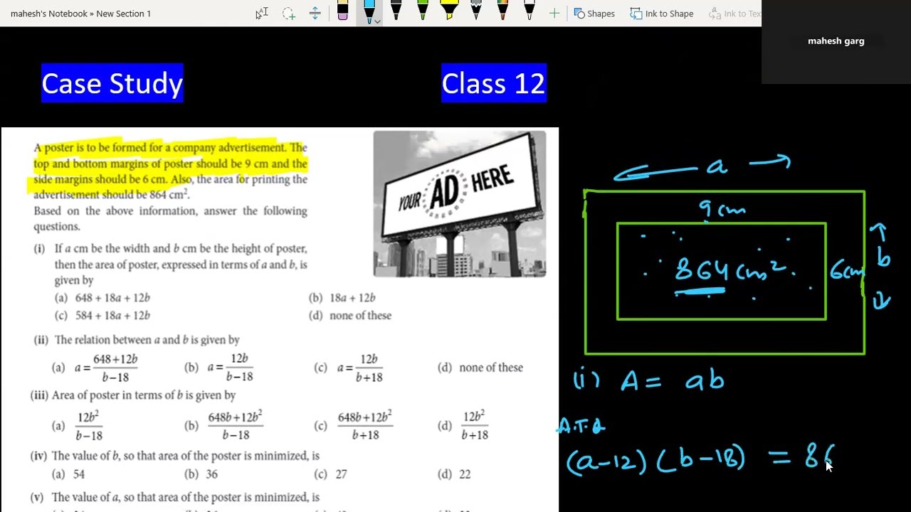 Case Study Class 12 Application Of Derivatives A poster is to be formed for a company advertisement