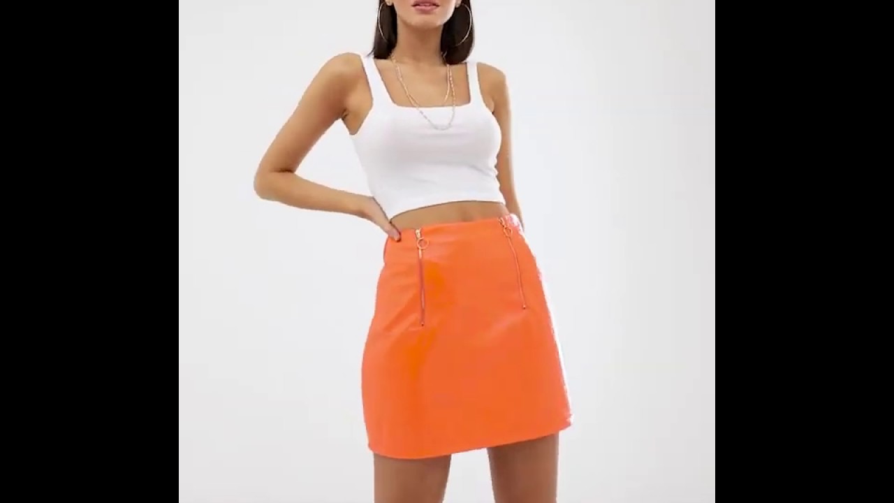 Orange leather mini skirt