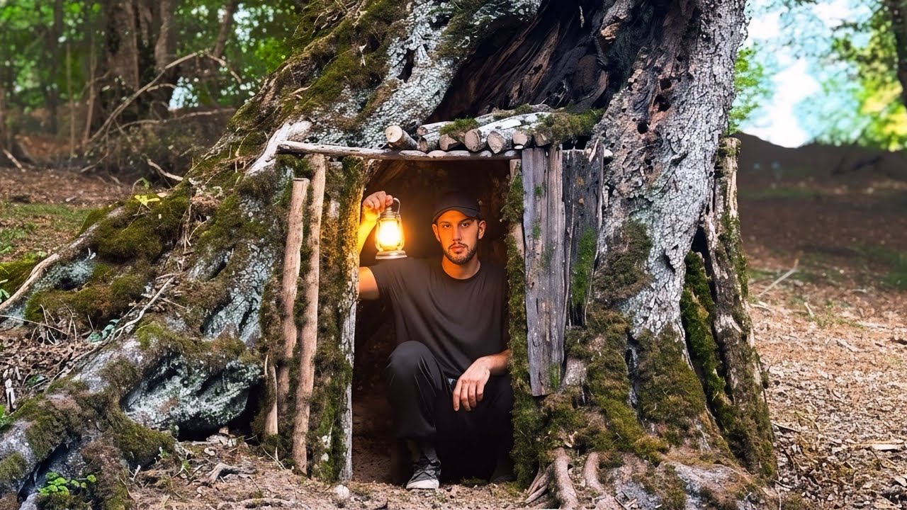 Building a Cozy Survival Shelter Inside a Tree | Bushcraft & Solo ...