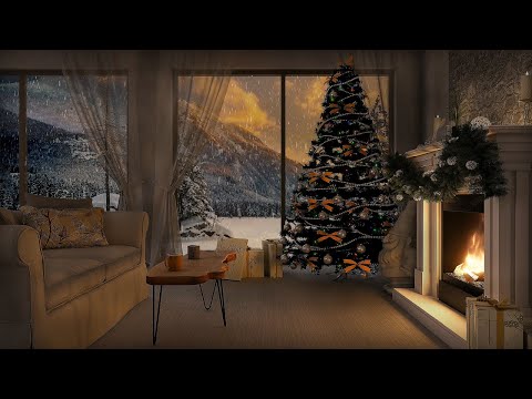Cozy Christmas living room - Christmas classic music, fireplace and snow