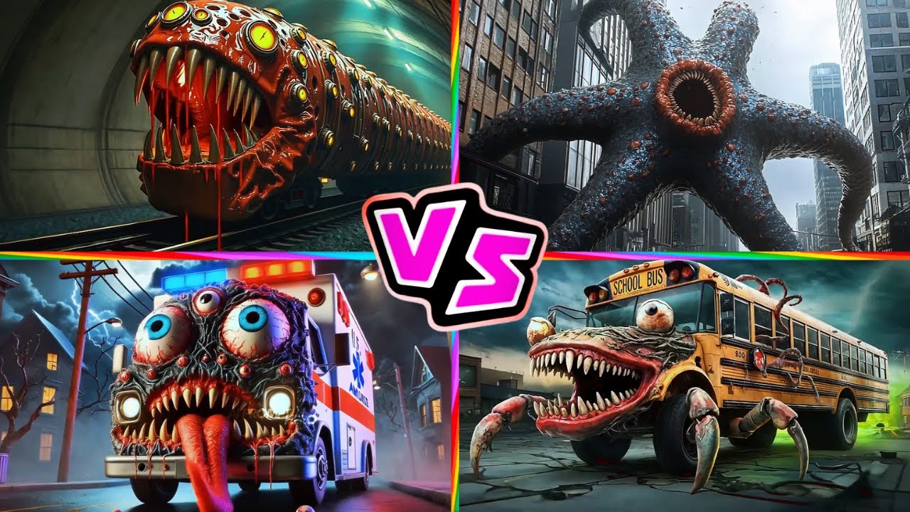 TRAIN EATER 🆚 HUNGRY STAR 🆚 Mutated Monster 🆚 School Bus 🎶 Tiles Hop EDM Rush
