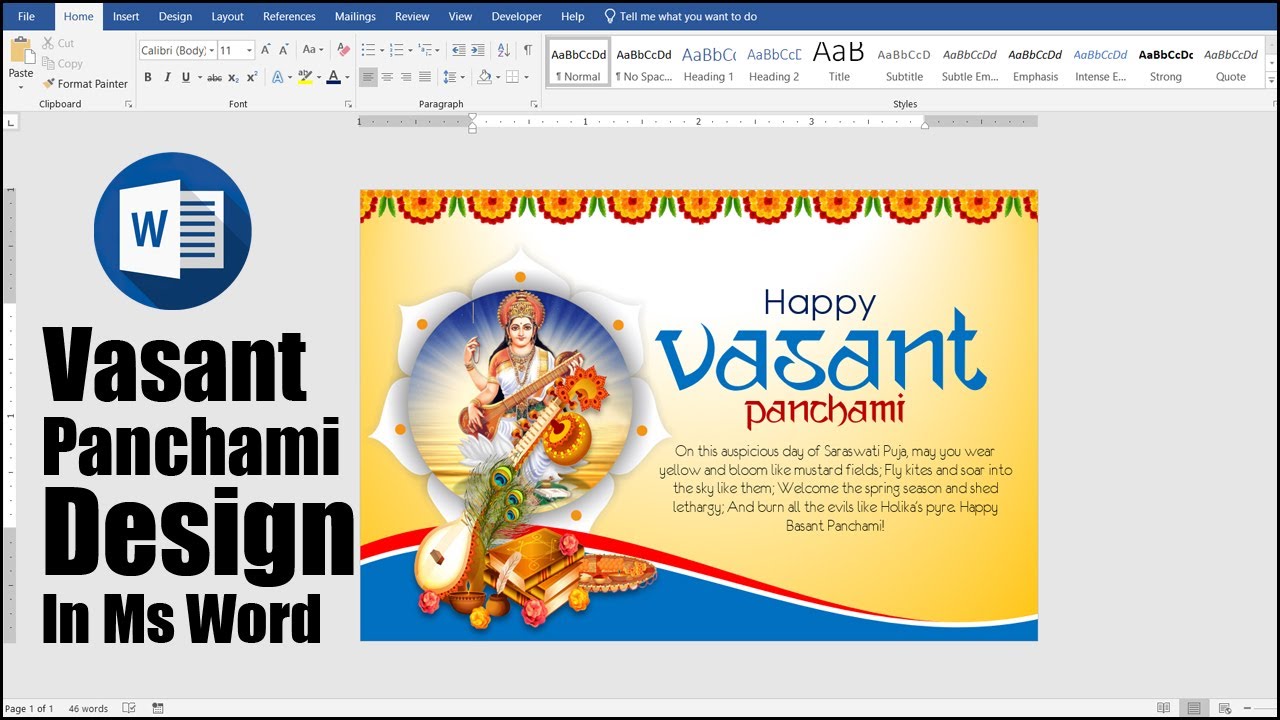 Vasant Panchami Wishes Card Design in Ms Word || Saraswati Puja Design in Ms Word