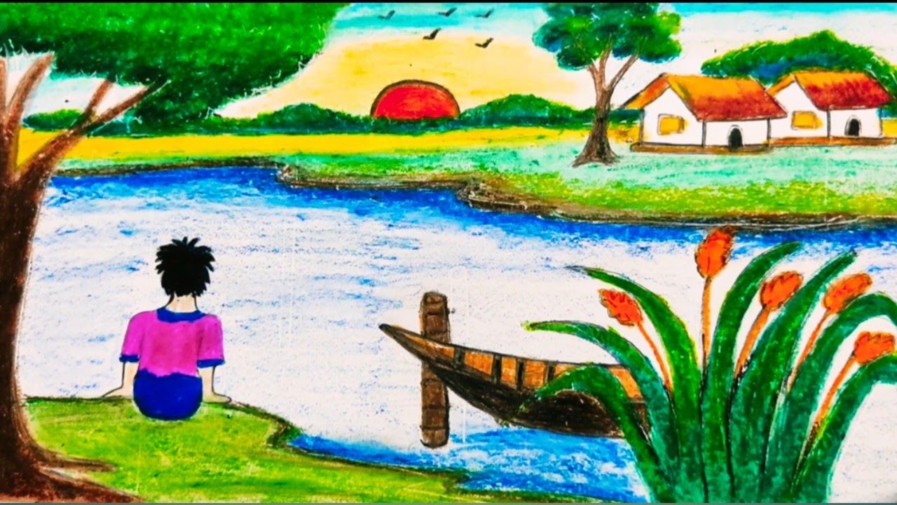 scenery drawing // how to draw a riverside landscape with oil pastel ...