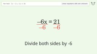 Solve 5x-3=11x+18: Linear Equation Video Solution | Tiger Algebra