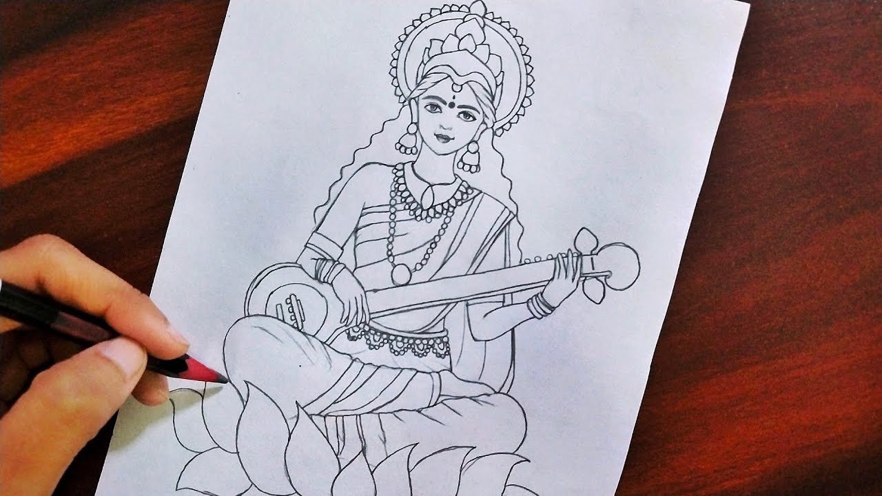Maa Saraswati Pancil Sketch - Kids Portal For Parents