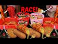 ASMR SPICY FOODS RACE Cheesy Corn Dogs Buldak Carbonara Ramen Tteokbokki Spicy Tuna Kimbap 먹방 
