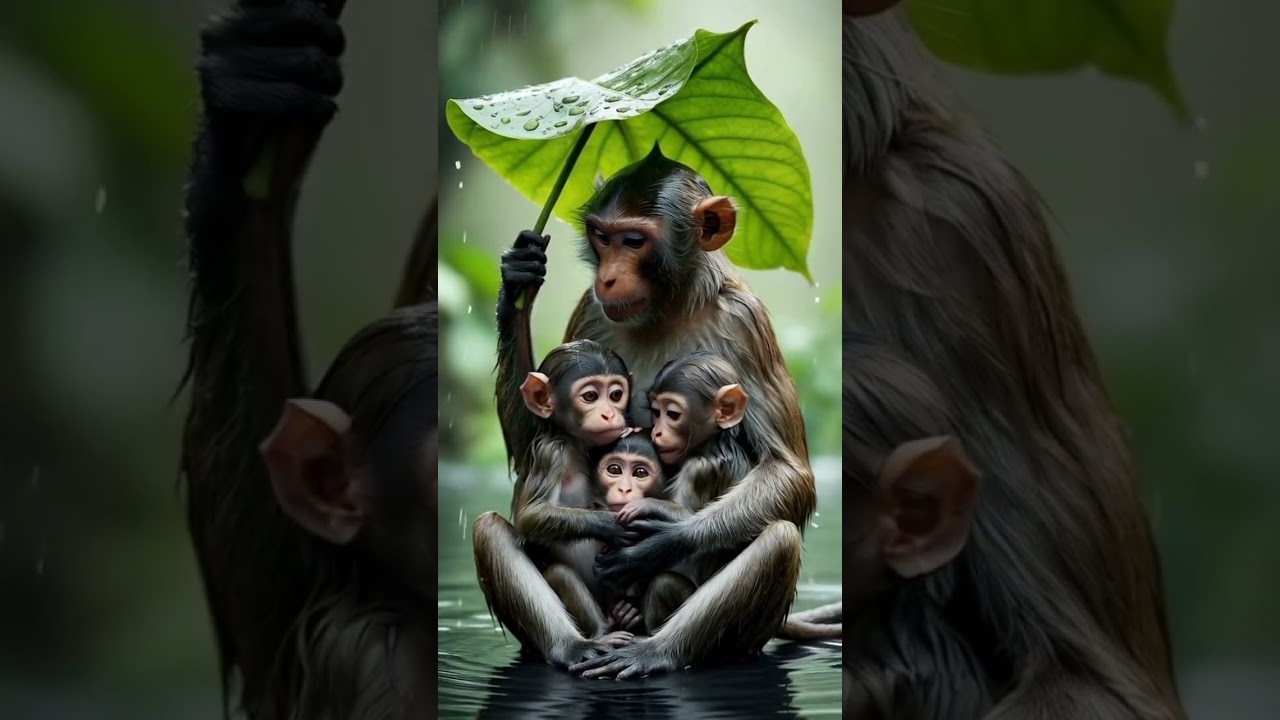 The mother monkey and her baby are in the rain. 