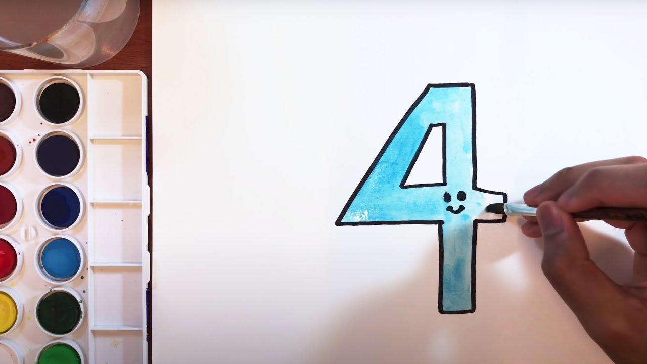 How To Draw & Color Number 4 | Watercolors | Step-By-Step [Full 4k ...
