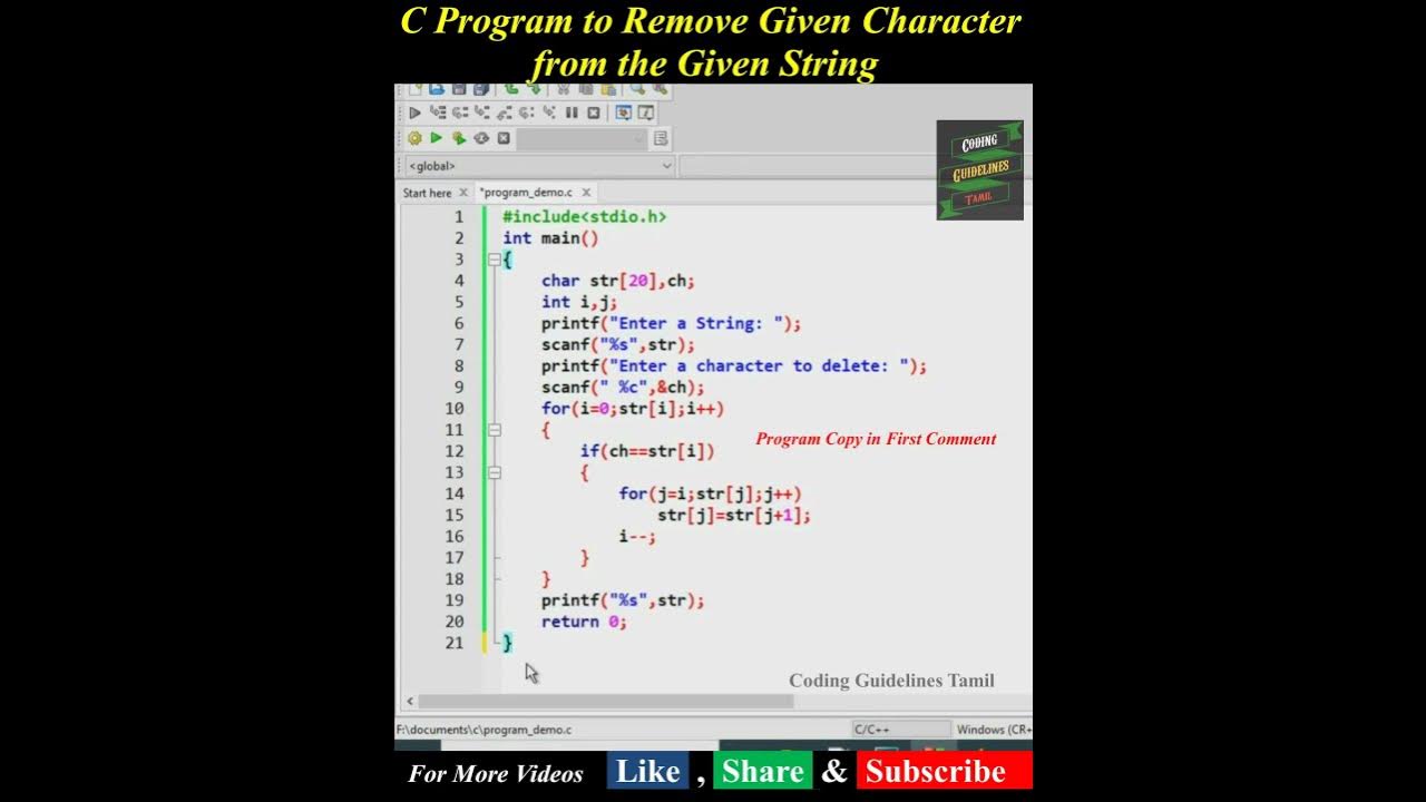 C Program to Remove Given Character from a String | Delete a given ...