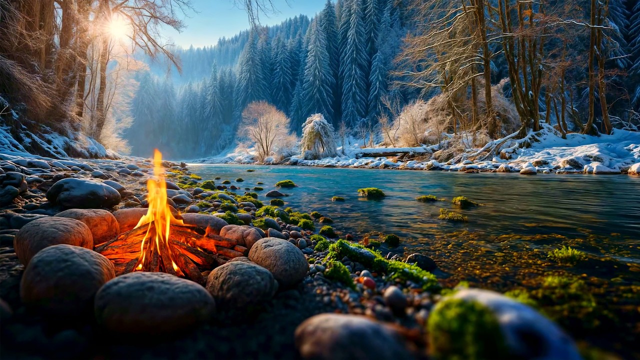 Relaxing Winter-Spring River Ambience ❄️ Campfire Crackling and Flowing Water