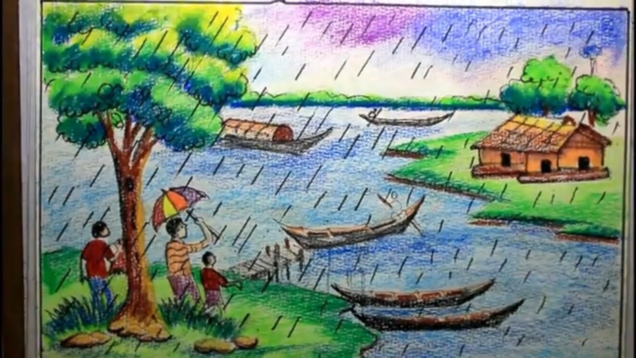 Draw Scenery OF Rainy Season Steo By Step/ferry ghat Draw In Rainy Day ...