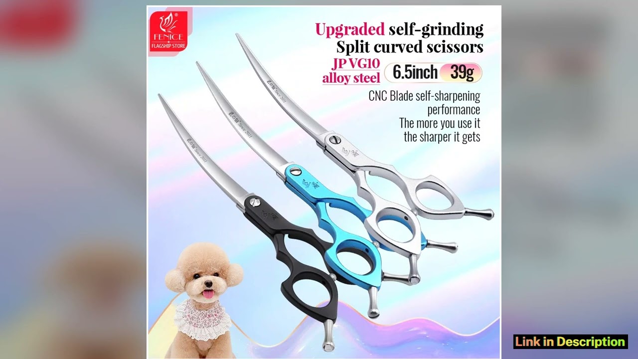Fenice 65 Inch Upgraded Selfgrinding Split Bright Blade Curved Scissors VG10 Pet Dog Grooming with