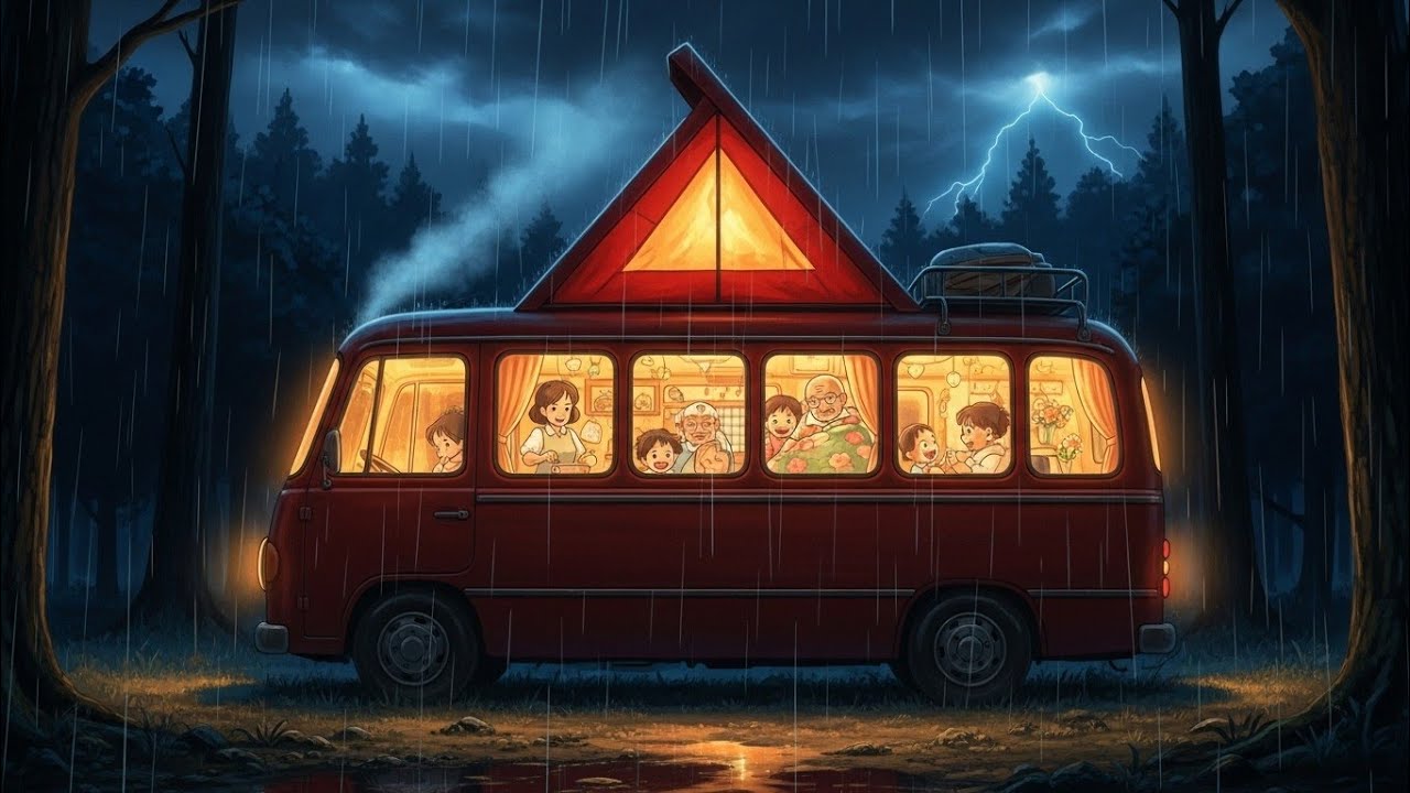 This Family Lives in a Bus 🚌 | Ghibli-Style Rainstorm Story | ASMR Cooking & Cozy Scenes