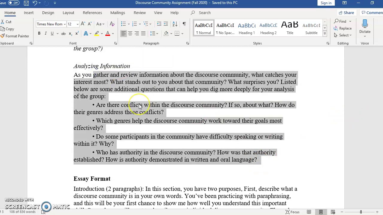 Week 6 Video- Discourse Community Analysis (explanation)