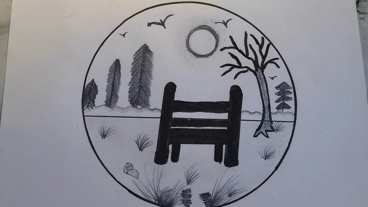 "Minimalist pencil and sketch art of Rural park Bench nature scenery|pencil shading art"|new art|