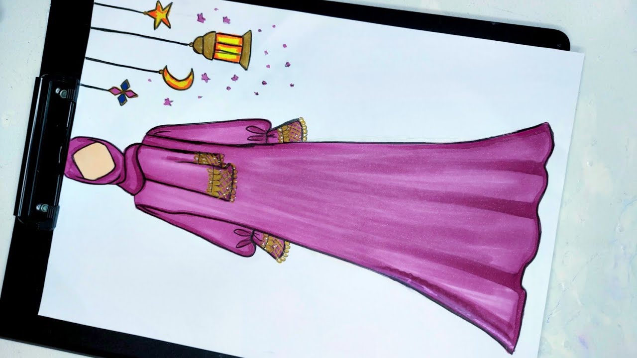 رسم سهل / رسم بنت تلبس عباية صلاة و رسم زينة رمضان سهل جدا 🌙 / رسم ازياء/ رسم بنات / تعلم الرسم