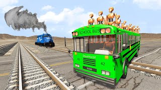 Truck Rescue Bus Cars - Bus Crosses Road Double Rails #2 - BeamNG.Drive