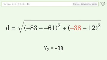 Find the distance between two points p1 (-61,12) and p2 (-83,-38): Step-by-Step Video Solution