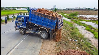 Perfect first Start a New Project! filling land by Dump truck unloading soil with Bulldozer