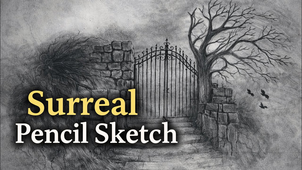 Surreal Pencil Sketch | Dreamlike Tree and Gate Drawing | Shading Art