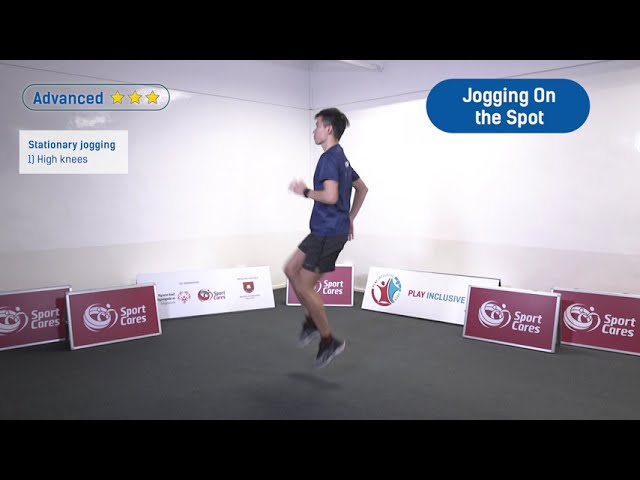 Thumbnail for This video demonstrates how to perform stationary jogging at 3 difficulty levels: Easy, Standard, and Advanced. A trainer guides you through each level, showing the correct posture, foot movement, and arm swing for each stage.