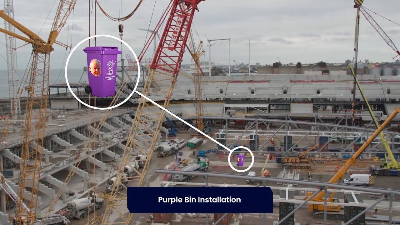 NEW EVERTON STADIUM RISES UP! PURPLE WHEELIE BIN INSTALLED