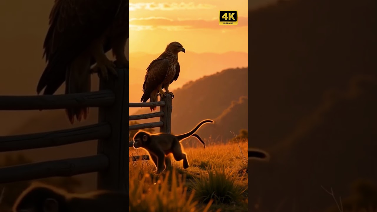 Monkey's Risky Sunset Run! Eagle Watches Closely on Windswept Hillside 