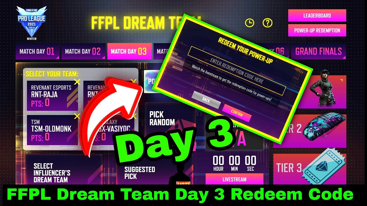 FFPL Redeem Code Day 3 | Free Fire FFPL Redeem Code Today | FF FFPL Dream Team Redeem Code