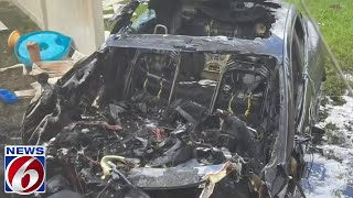 Tesla bursts into flames after slamming into Florida home