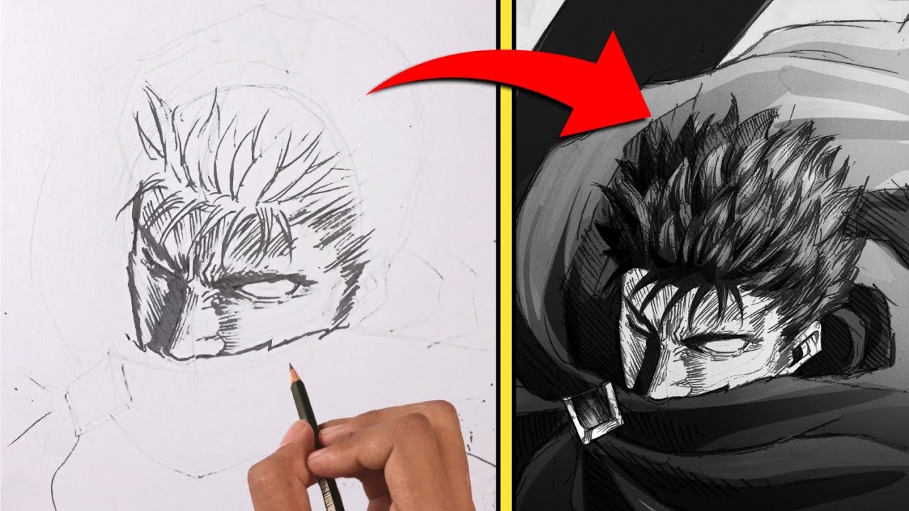 Простой способ нарисовать крутого парня Гатса из «Берсерка» || Пошаговый урок по рисованию Гатса ...