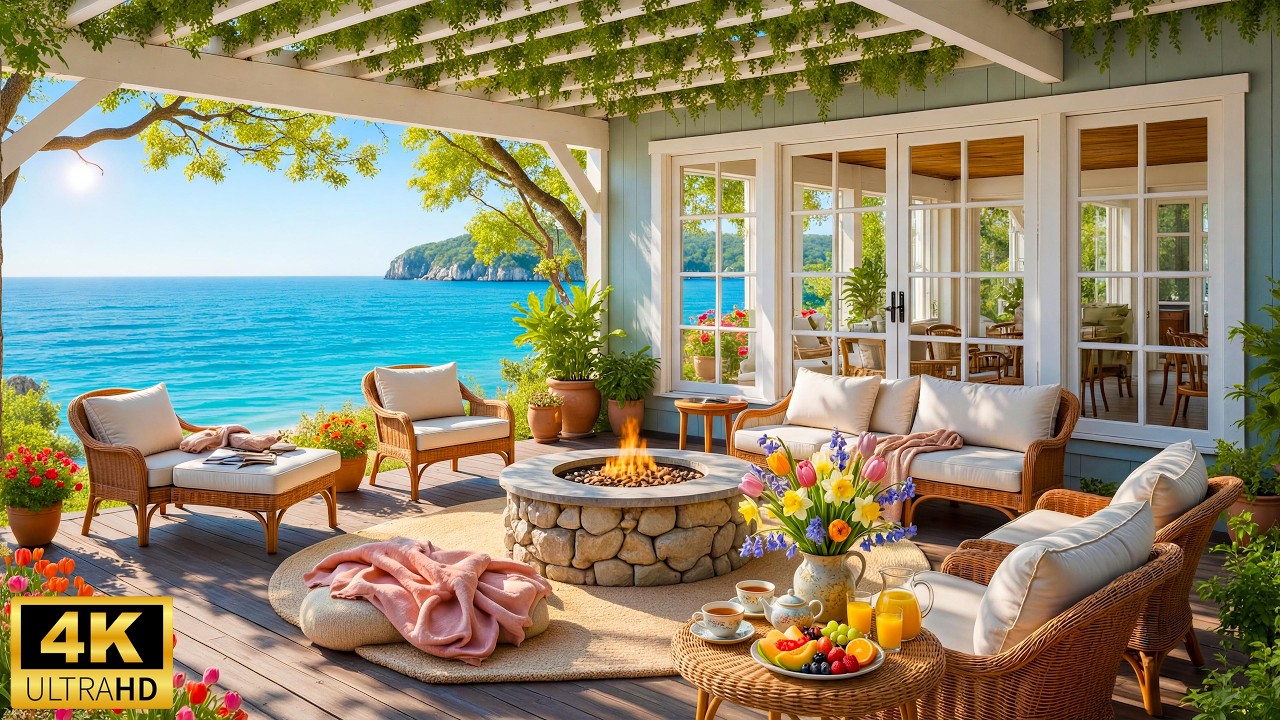 Peaceful Spring Moring by the Ocean 🌊 Relaxing Piano Music with Crackling Fireplace & Ocean Sounds