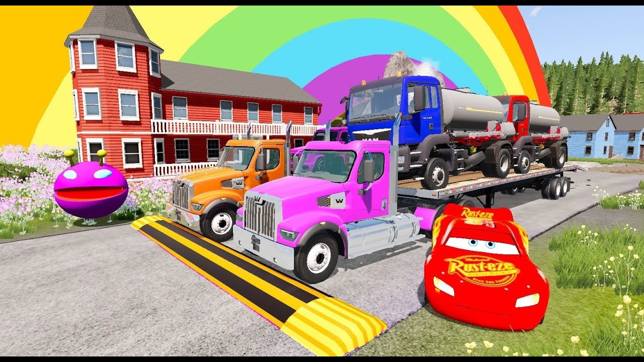 Monster Truck Potholes Flatbed Trailer Truck  - Cars vs Fire - Truck vs Water Walls - BeamNG.Drive