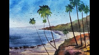 watercolor painting palm tree in tropical beach for beginners | Paint with David