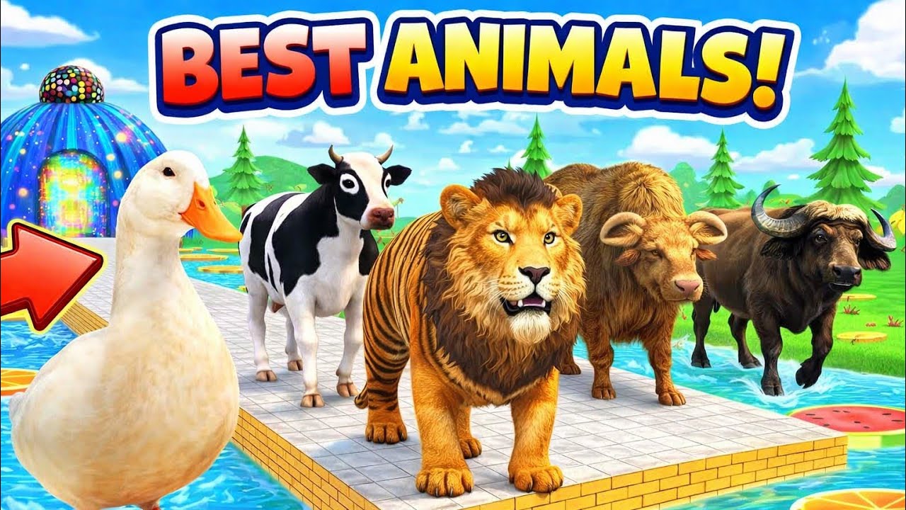 Huge Water Slide Race: Elephant vs Gorilla vs Tiger | Funny 3D Animal Game for Kids 