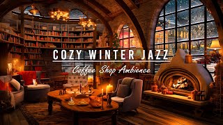 Warm Night Jazz Piano Music in Cozy Winter Coffee Shop ️ Fireplace Ambience & Blizzard for Sleeping